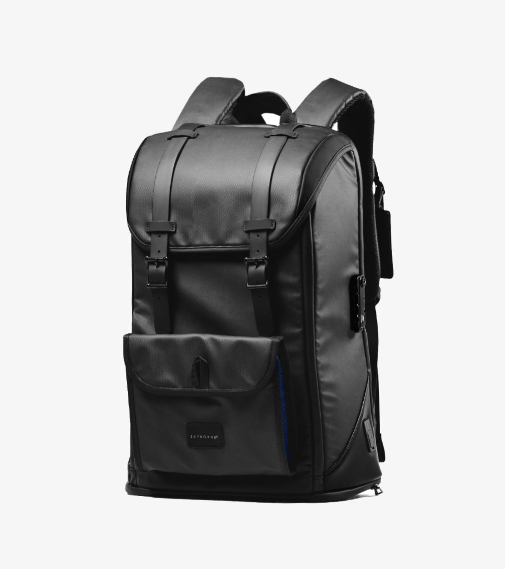 Black SKYBORNE backpack on a white background