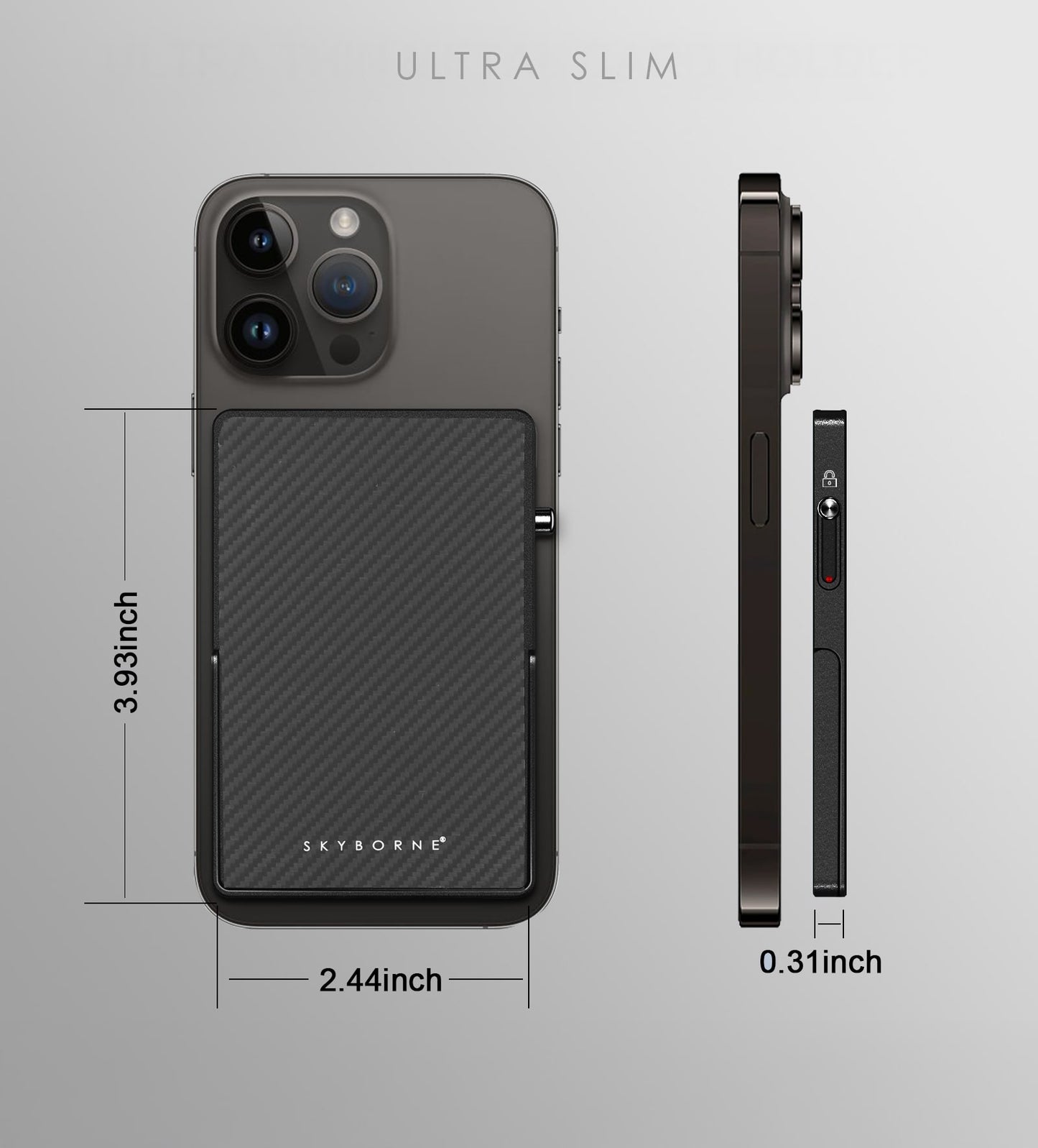 Ultra slim phone case with dimensions and 'Skyborne' branding on a gray background