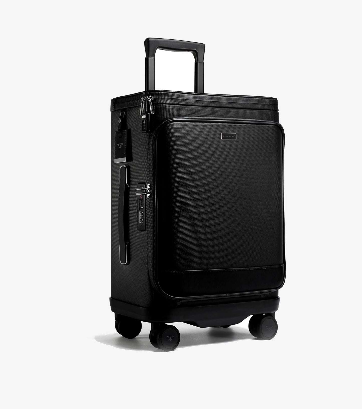Black suitcase with wheels on a white background