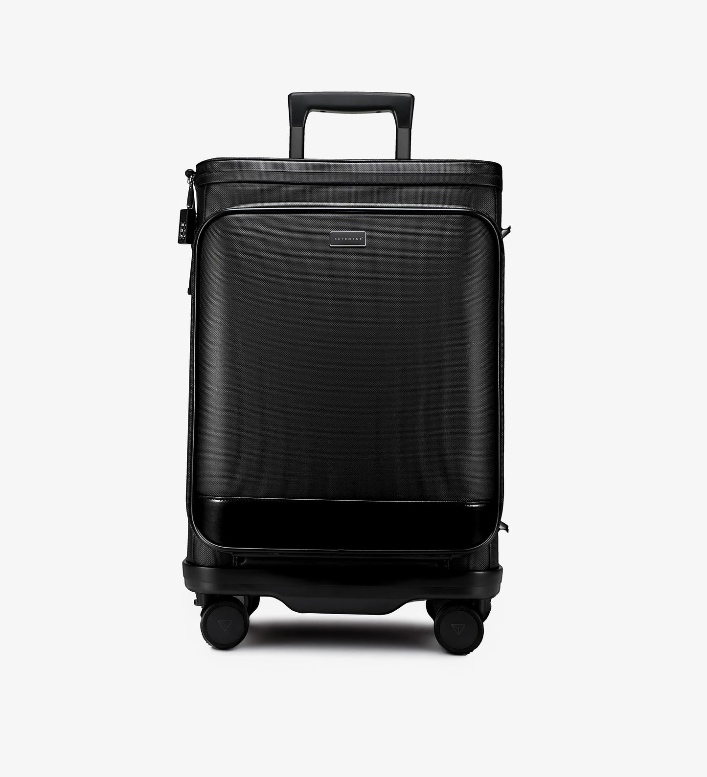 Black suitcase on a light gray background