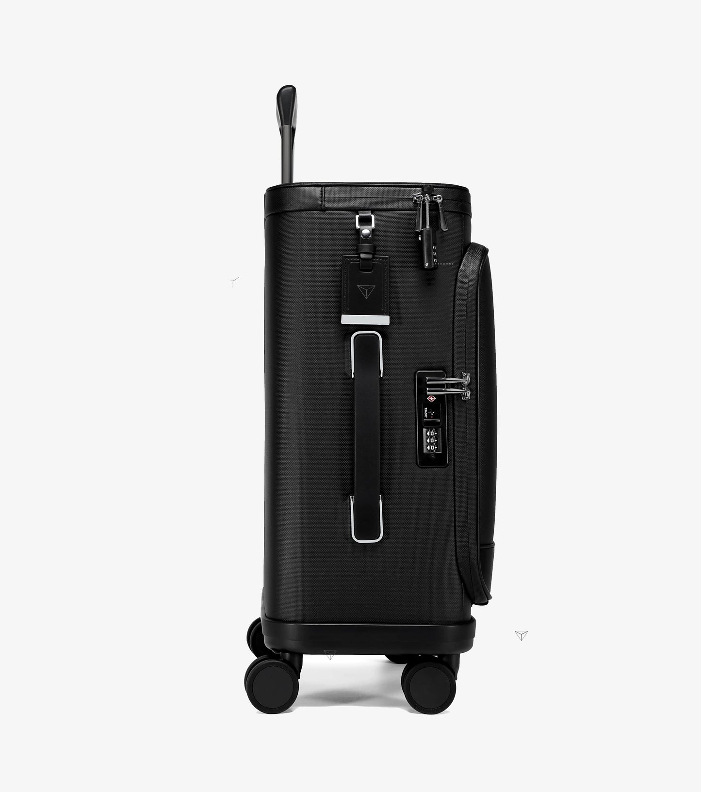 Black suitcase with wheels on a white background