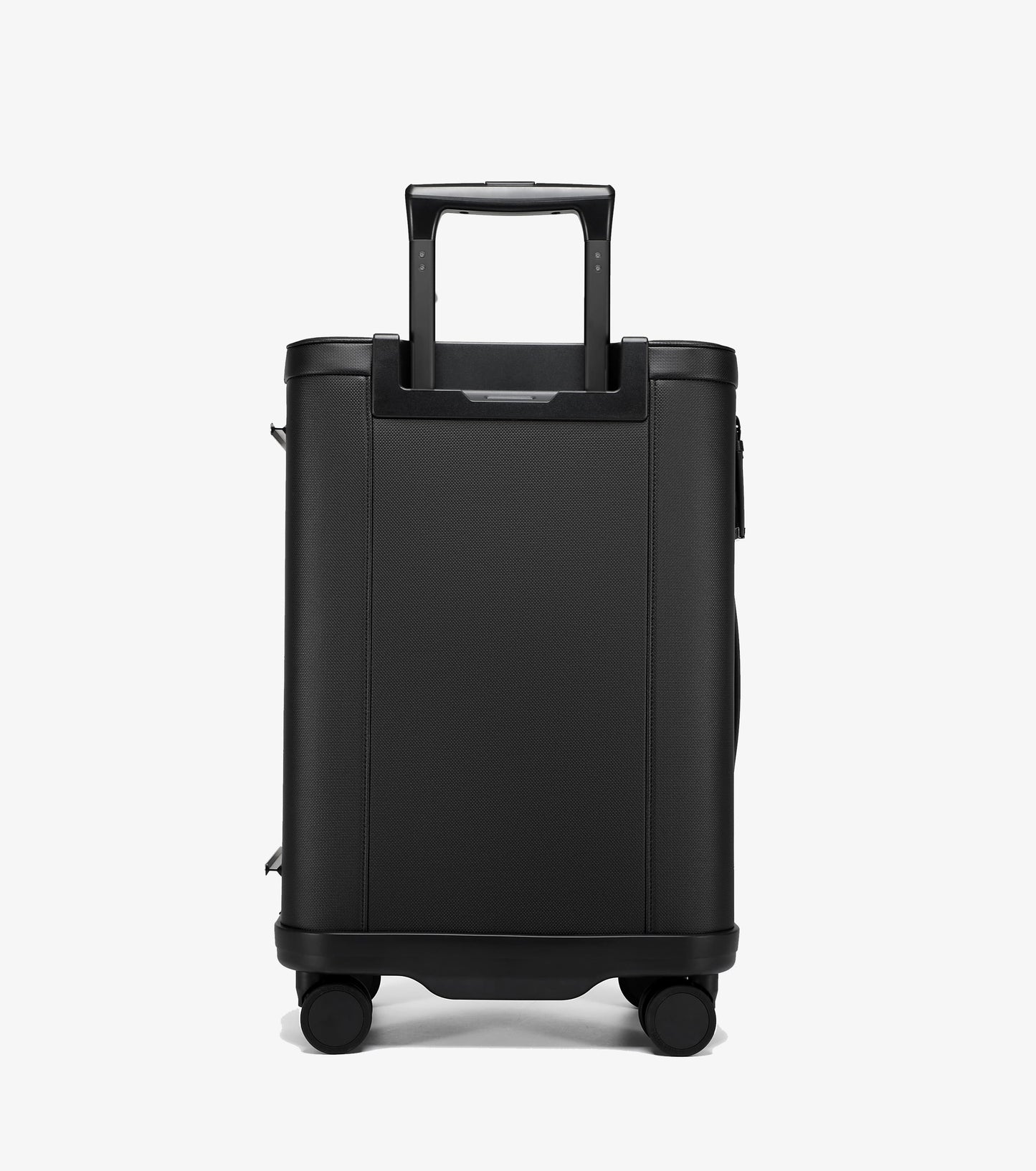Black suitcase with wheels on a white background