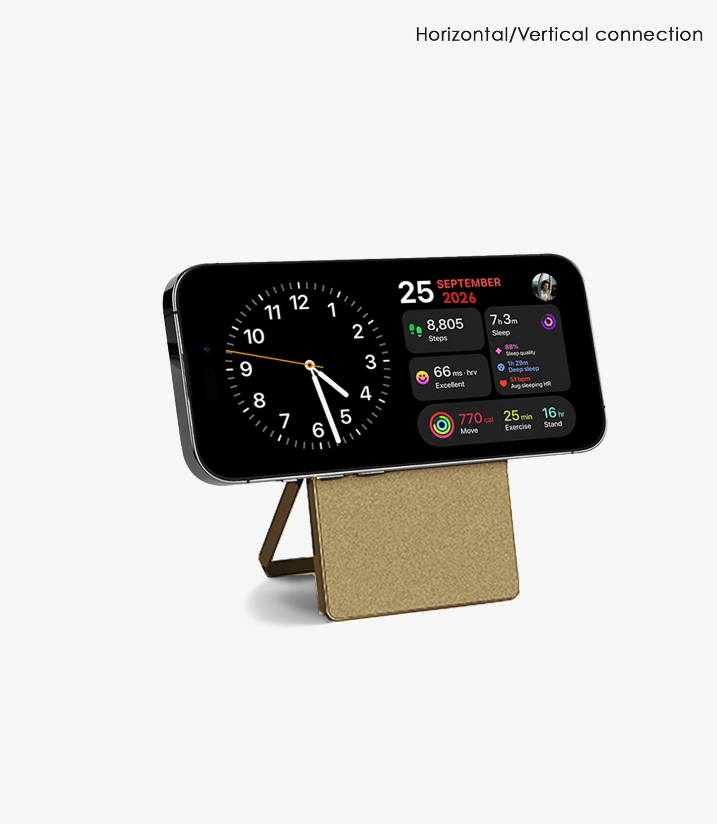 Smart clock display on a stand with digital and analog elements on a white background
