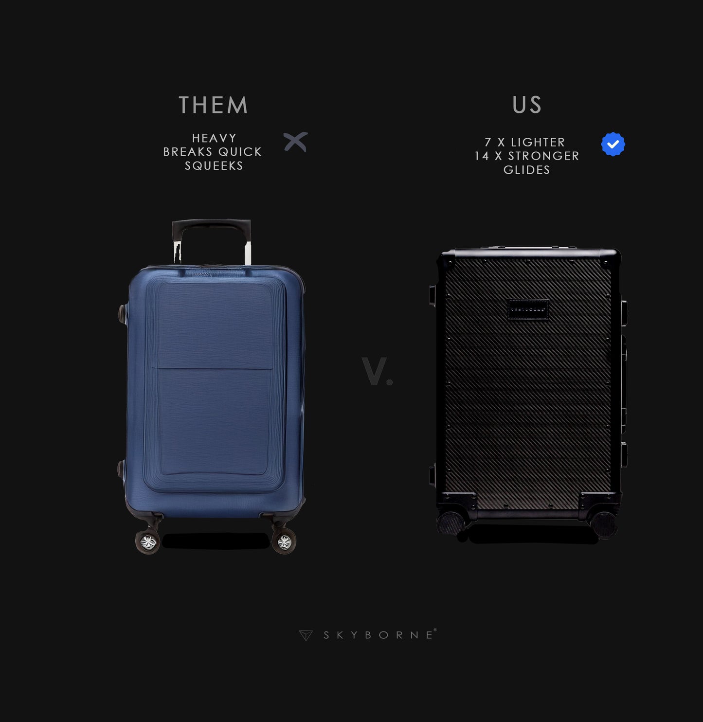 Comparison of a blue suitcase labeled 'Them' and a black suitcase labeled 'Us' on a black background with text indicating differences.