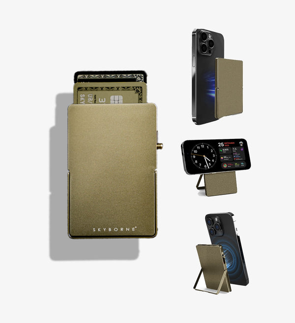 Gold wallet with card slots, smartphone stand, and phone case on a white background