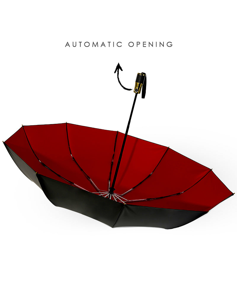 Red and black umbrella with automatic opening feature on a white background