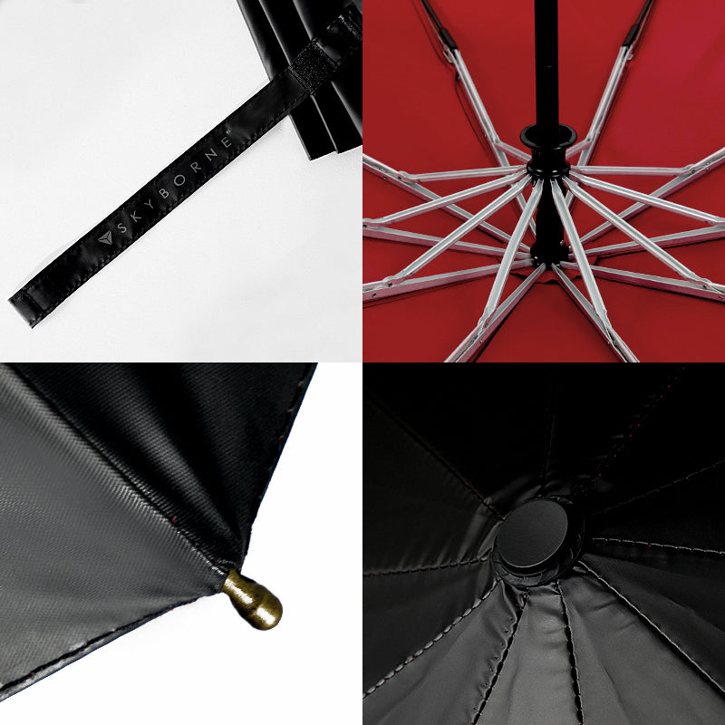 Collage of close-up details of an umbrella including handle, interior, and fabric.