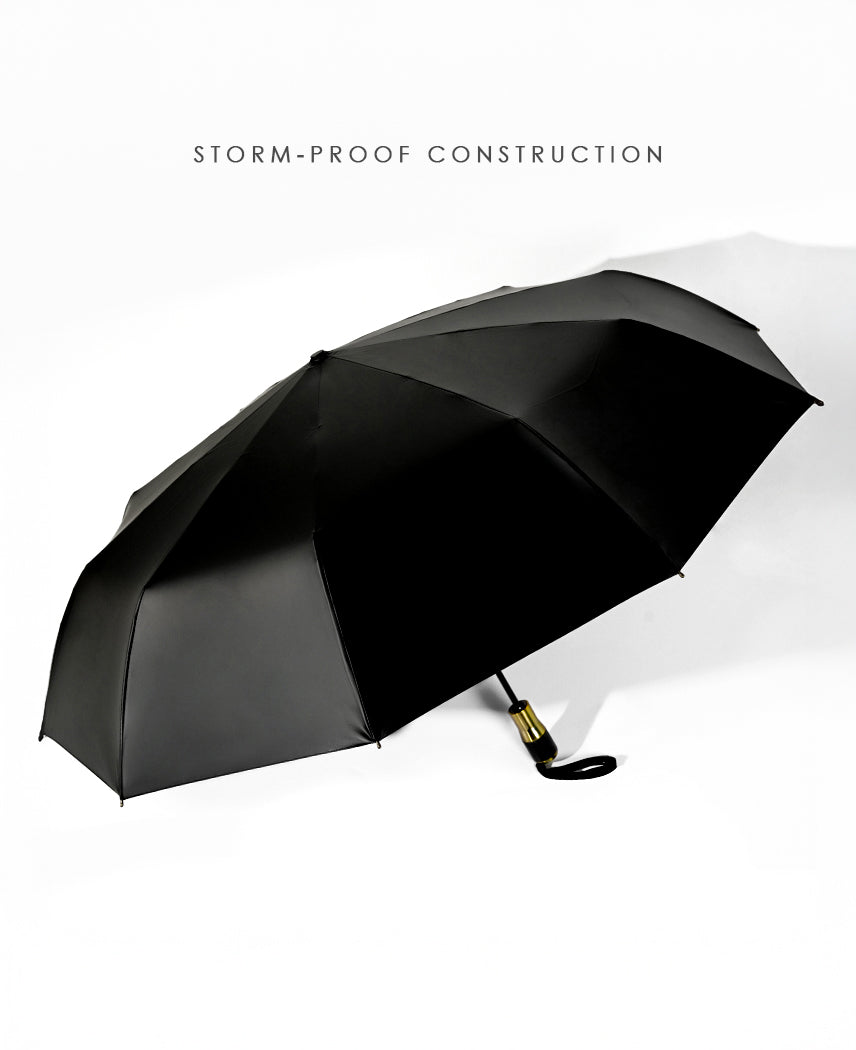 Black umbrella with 'storm-proof construction' text on a white background