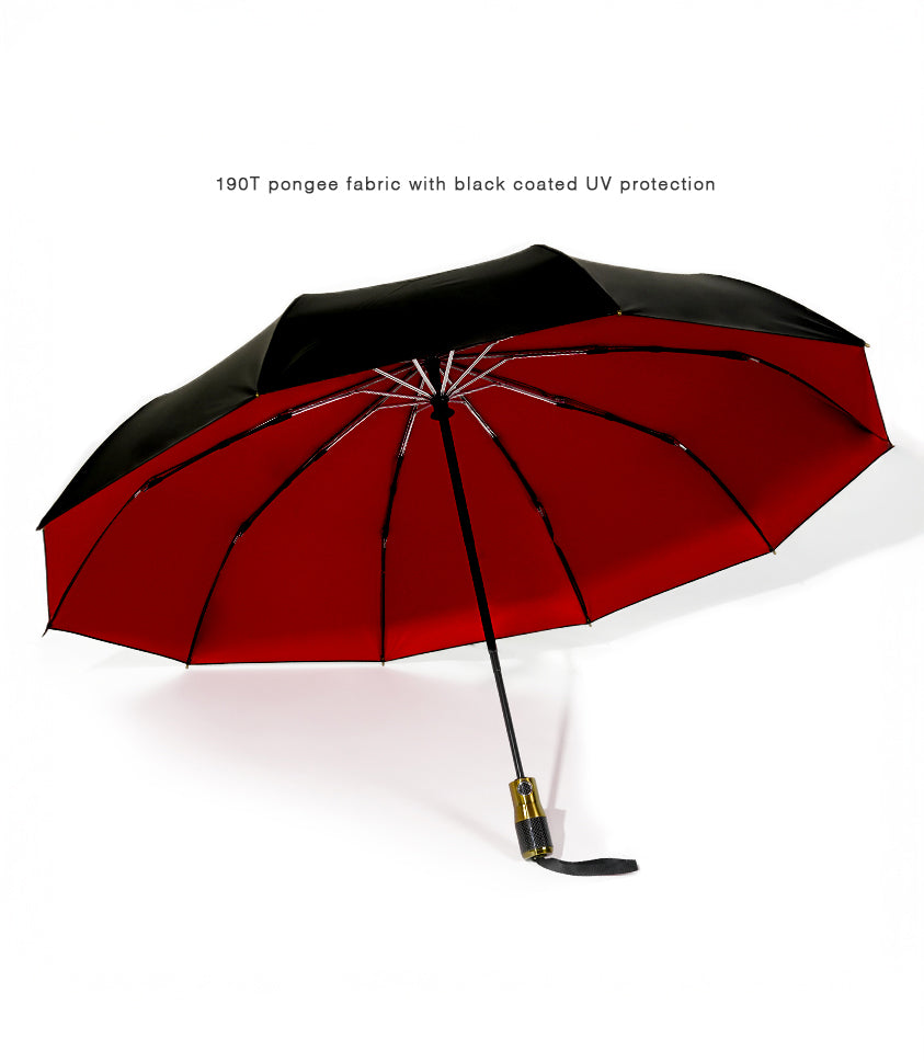 Red and black umbrella with a gold handle on a white background