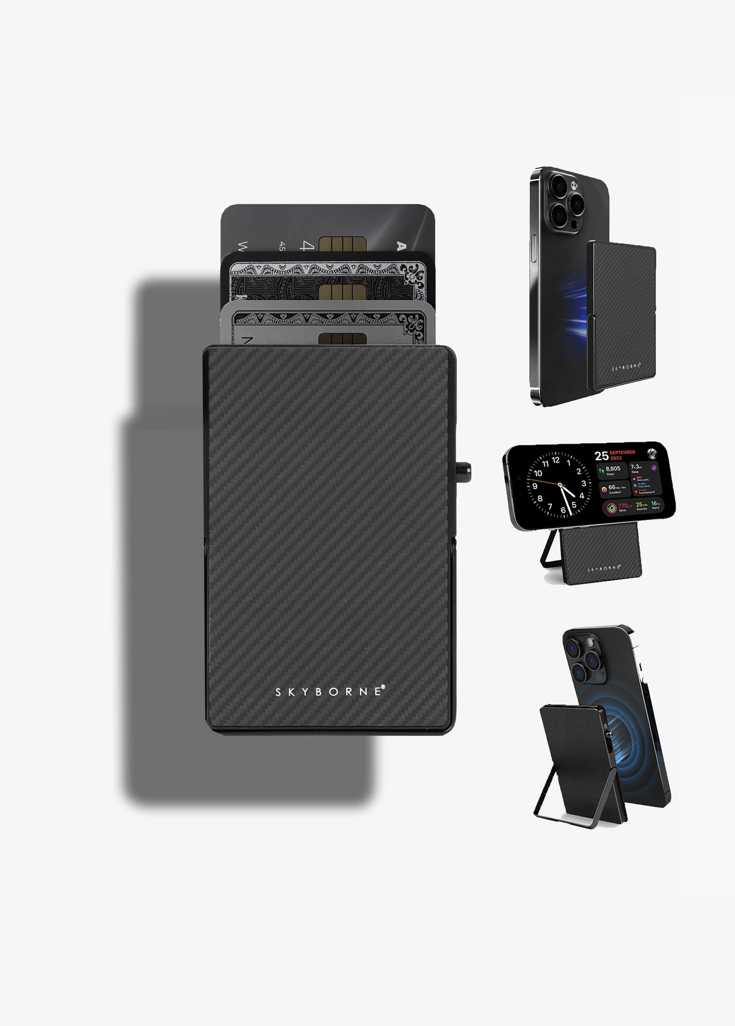 Black phone case with 'SKYBORN' branding on a white background