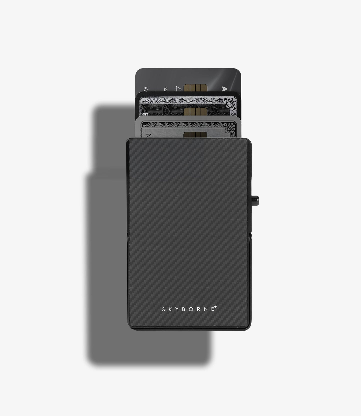 Black cardholder with cards on a light gray background