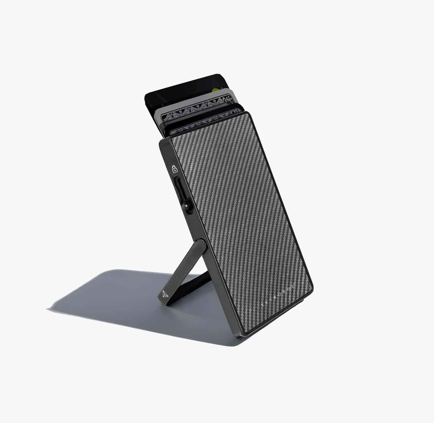 Black phone stand with textured surface on a white background